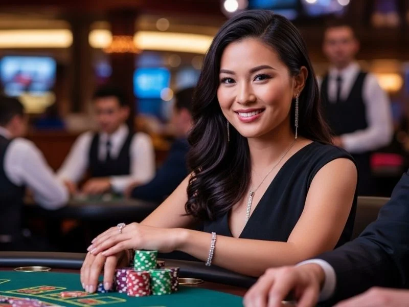Casino master lady smiling and showing poker chips on the table