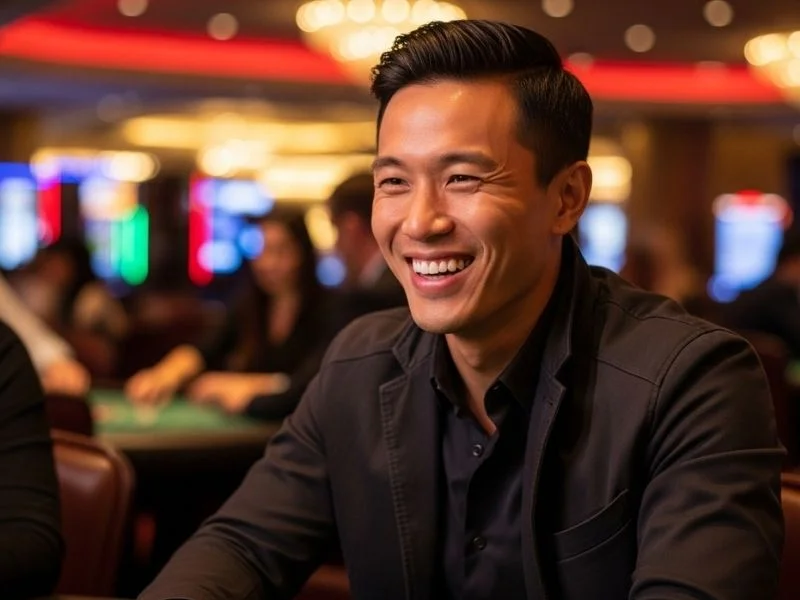 Man enjoying a casino night happily, feeling like a true casino master