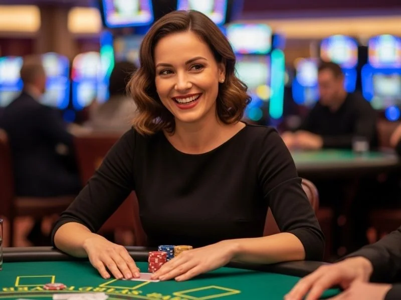 Woman happily playing casino games as a casino master, enjoying her winning moment