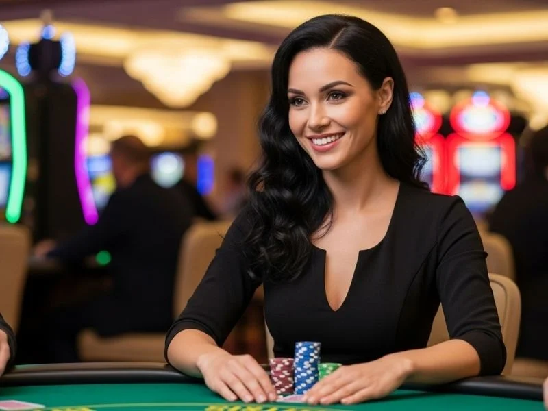 Woman happily playing casino table games at DS88 Casino, enjoying her winning streak.