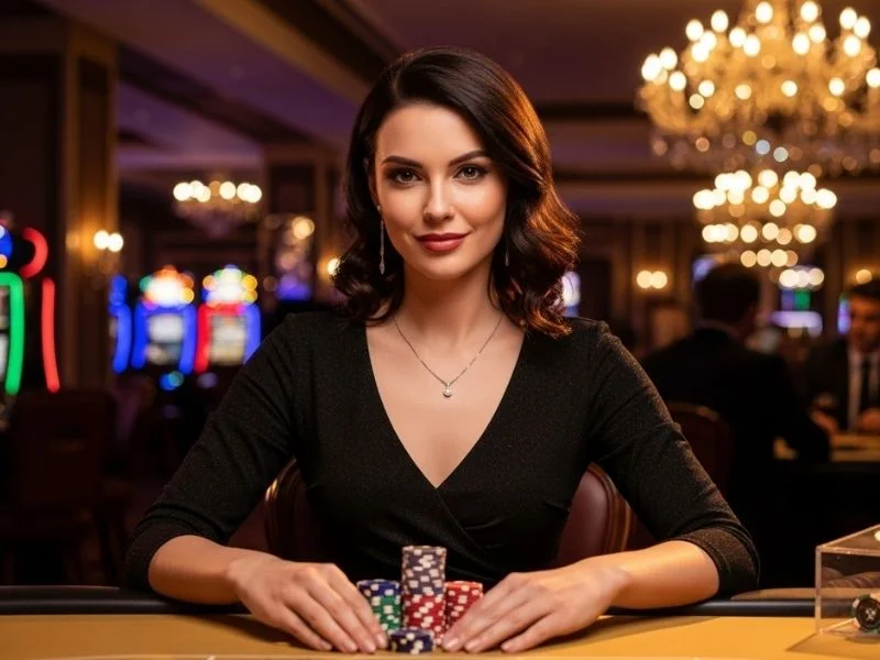 Woman smiling with casino chips inside a luxury casino at DS88 Casino