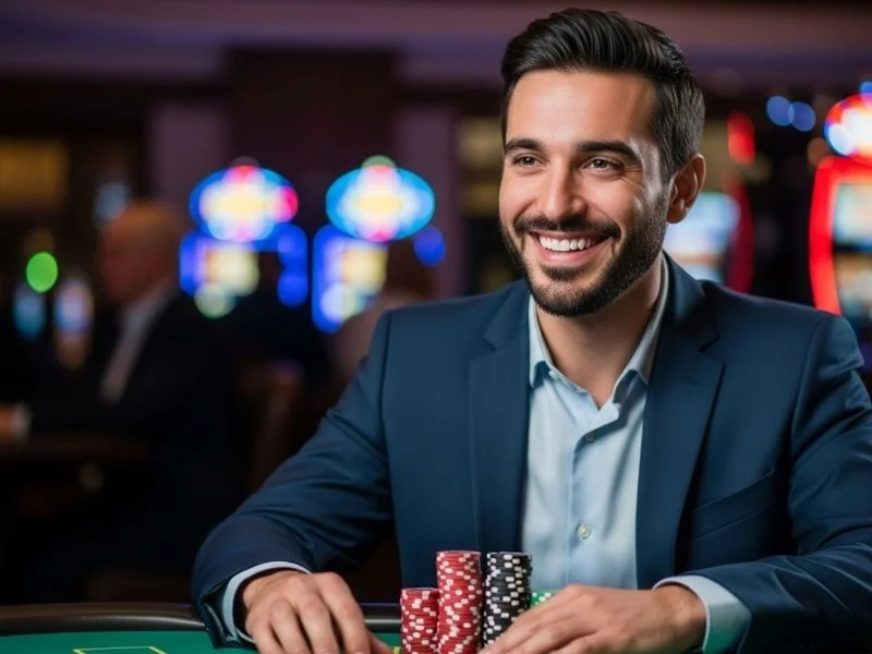 Smiling male player holding chips at a casino table at ds88 casino