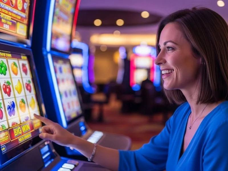 Woman smiling while playing slot machines at DS88 Casino