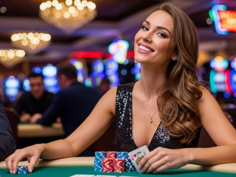 Smiling female gambler holding chips and cards at Gala Casino