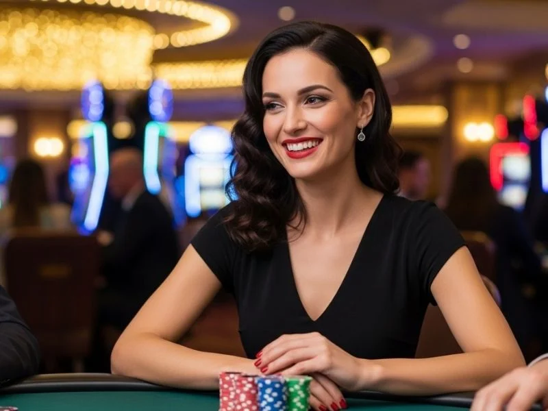Woman smiling while holding poker chips on a casino table at Gala Casino