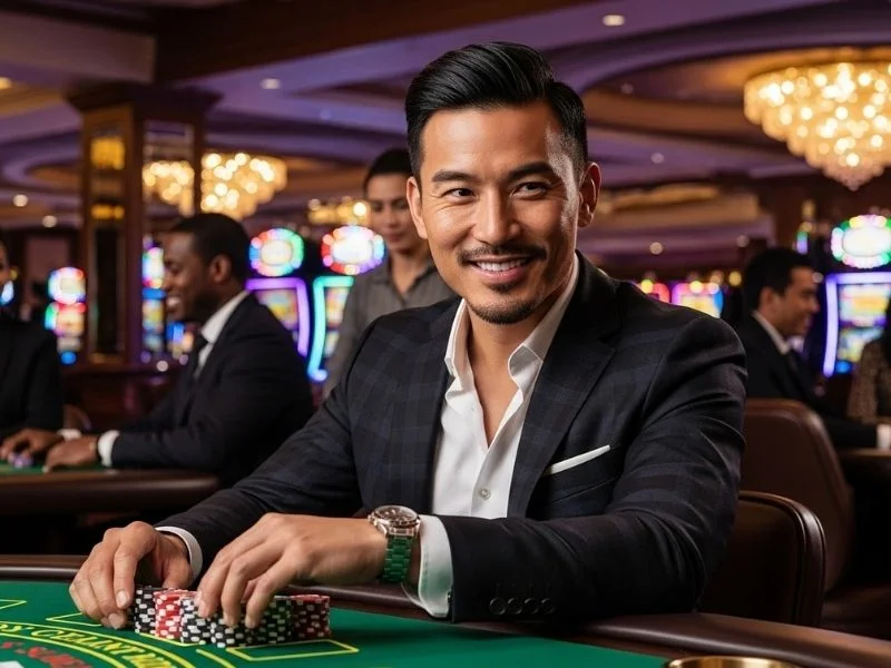 Man smiling while stacking his casino chips at Gala Casino