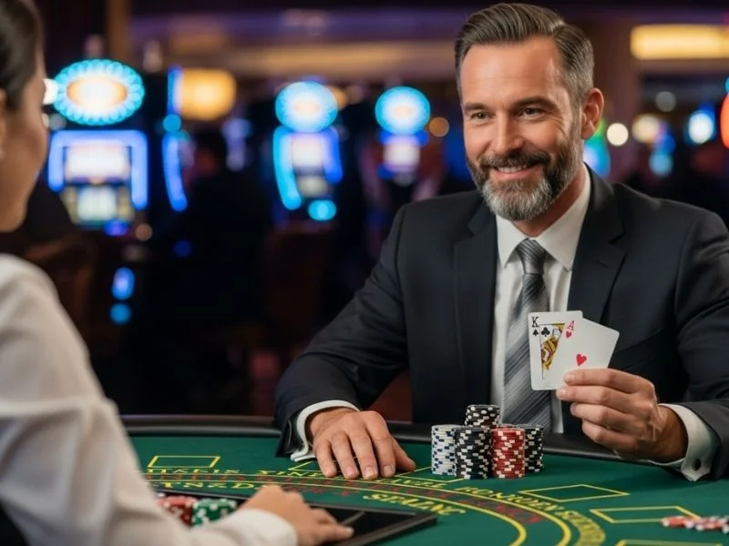 Old man smiling while playing poker at Gala Casino
