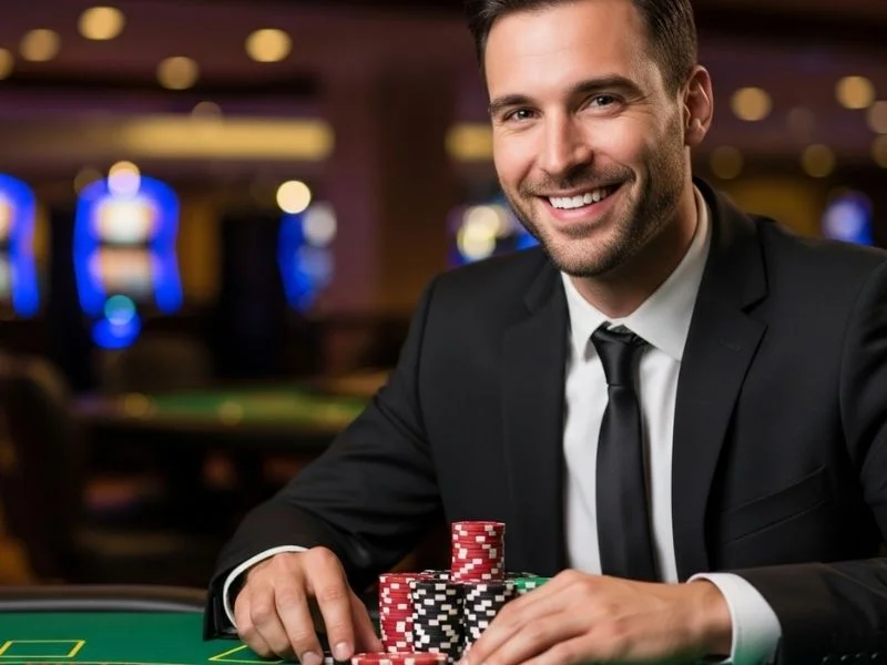 Man happily smiling at casino table with chips – galaxy88 casino com register