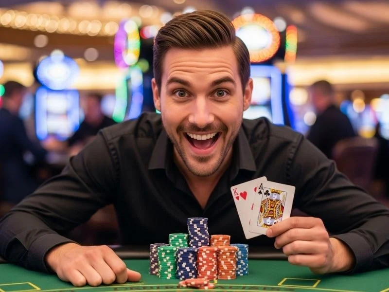 Man smiling with casino chips and poker cards at a table, promoting Galaxy88 Casino Com Register.