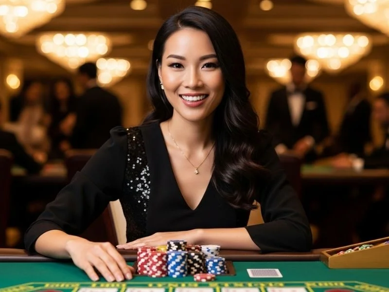 Woman smiling and showing poker chips on a casino table, promoting Galaxy88 Casino Com Register.