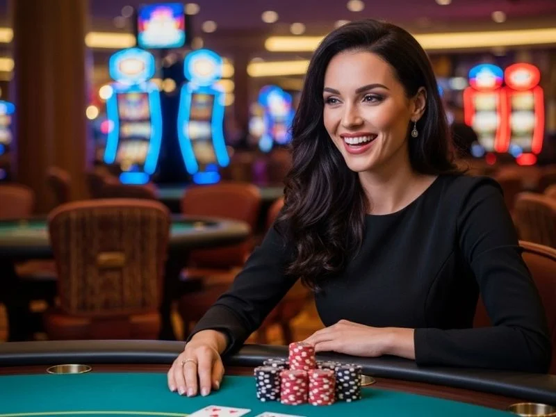 Woman smiling happily while playing poker at a casino table, enjoying her winnings – galaxy88 casino com register experience.