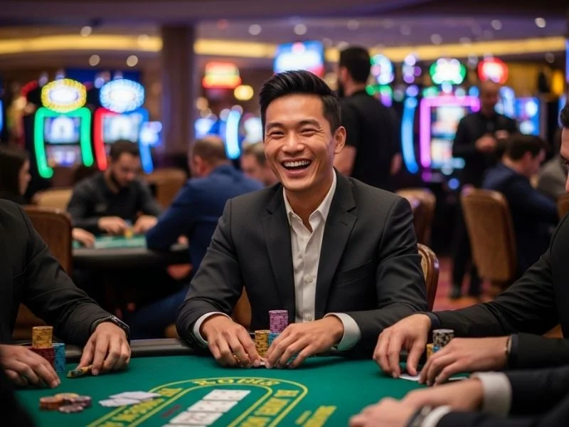 Man happily playing at a casino table inside Hann Casino Resort Clark