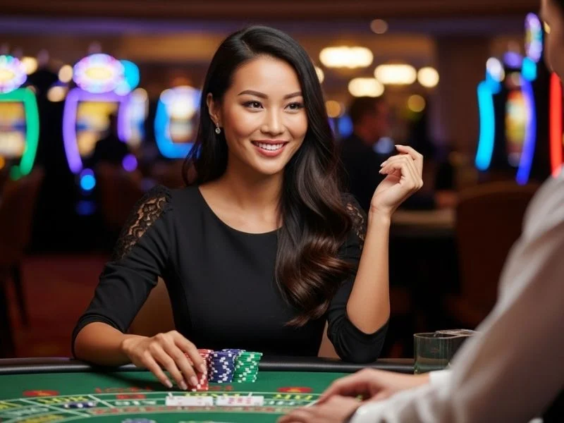 Smiling woman pacing her bet while playing casino games at Hann Casino Resort Clark