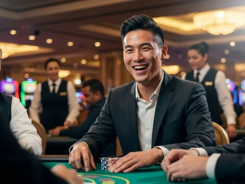 Man enjoying a casino game cheerfully, representing the excitement of Jilievo Casino
