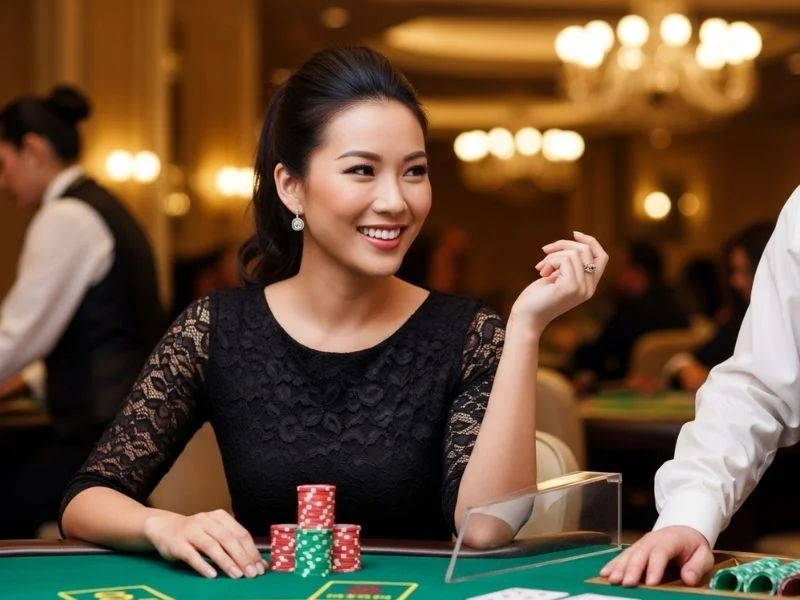 Happy woman cheerfully playing a table game at a casino, enjoying her winning moment with chips in hand at Jilievo Casino.
