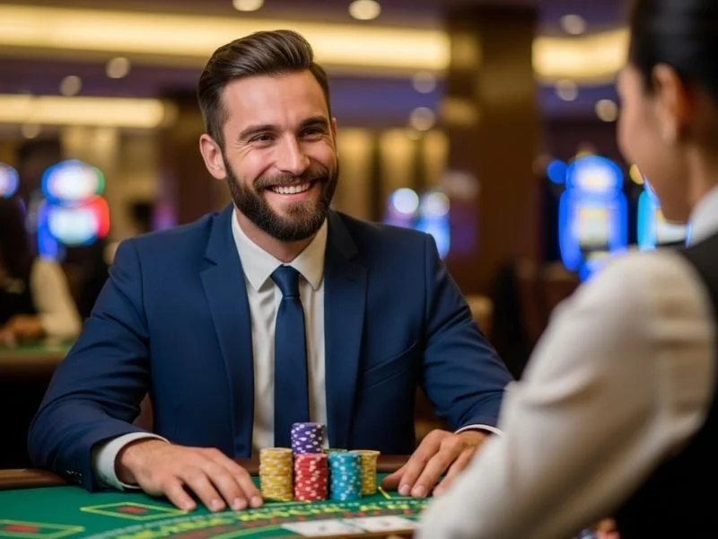 Man happily playing baccarat at a physical casino table with a bright smile, enjoying his time at Jilievo Casino.