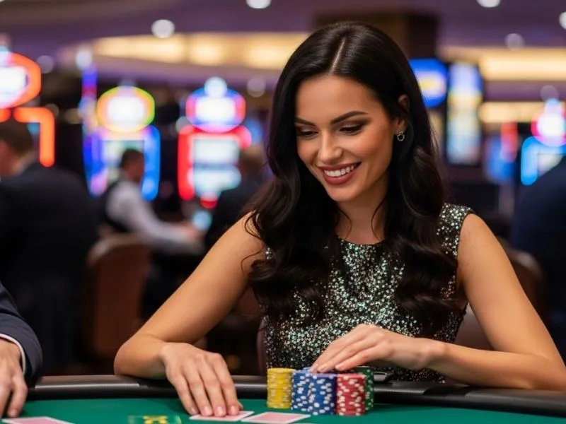 Woman smiling while playing poker at a casino table, enjoying her experience at Malabon Casino.