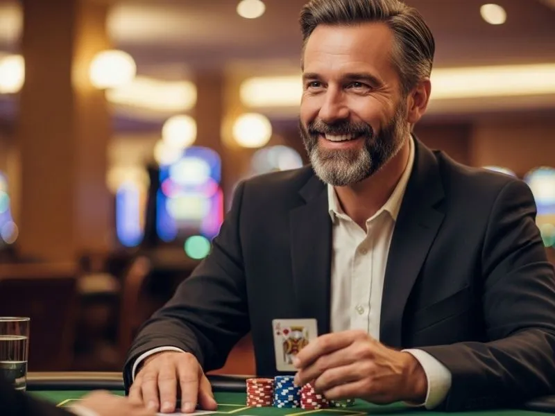 Old man showing a card while playing poker at a casino table, enjoying a game at Malabon Casino.
