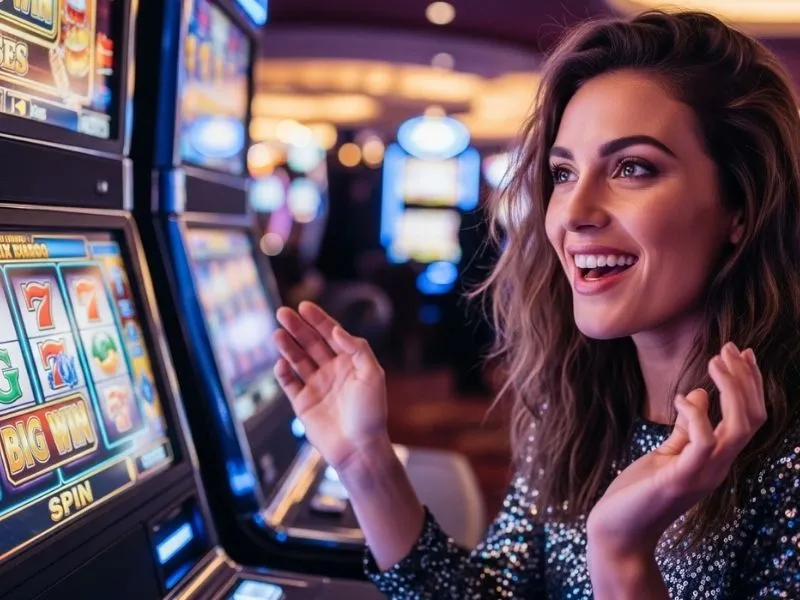 Woman happily playing a slot machine at a physical casino, enjoying her time at Malabon Casino.