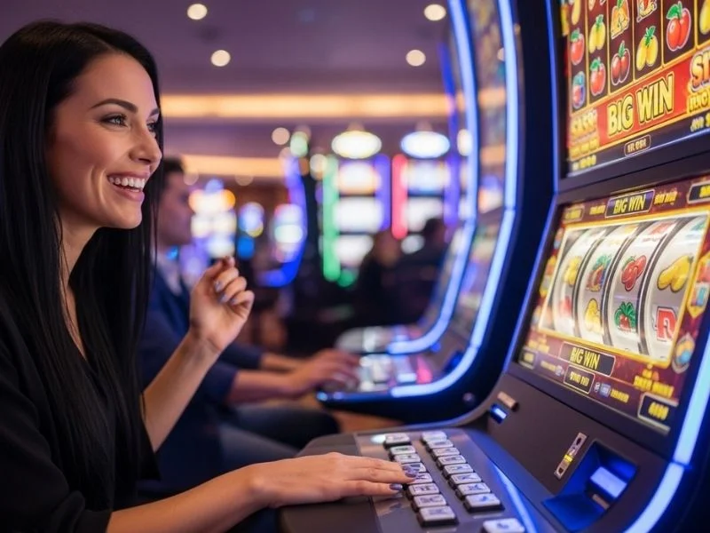 Woman smiling while playing slot machines at Meter Base Casino