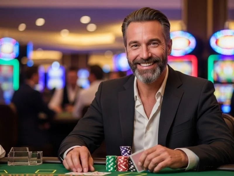 Old man happily playing casino table games at meter base casino