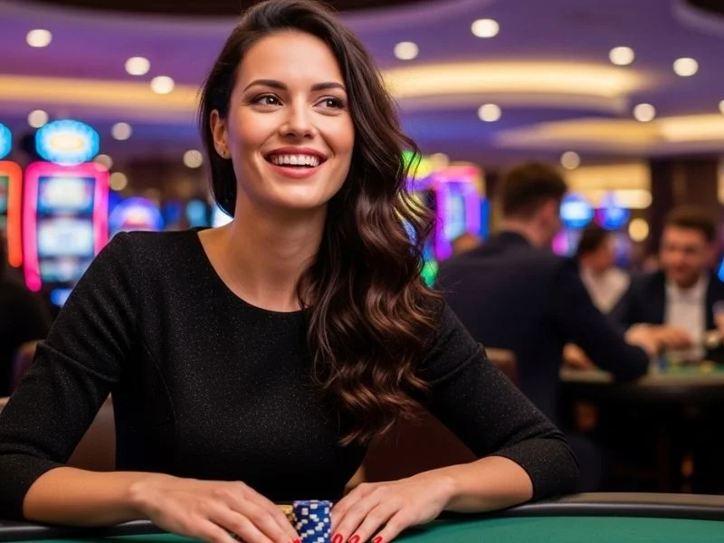 Woman smiling with casino chips inside a casino playing at Meter Base Casino