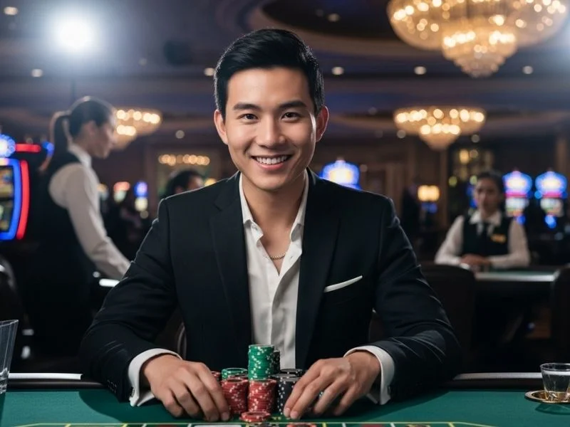 Young man happily smiling with poker chips at a table in a meter base casino