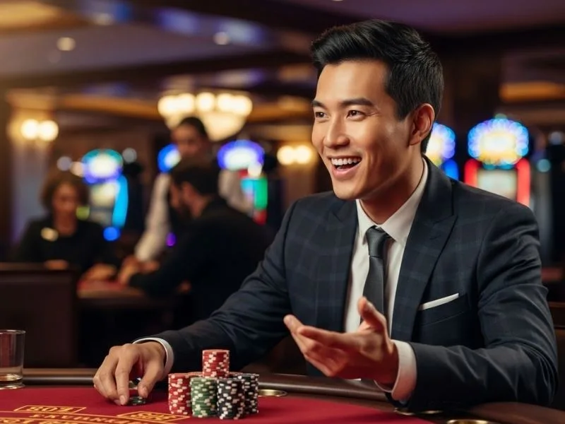 Man smiling while playing with casino chips at a table in a physical casino, enjoying games at Midori Clark Hotel and Casino.