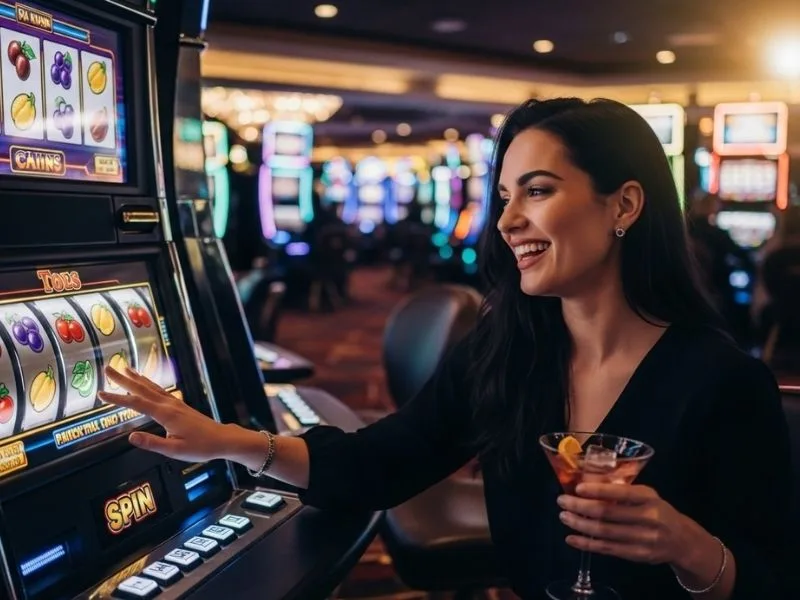 Smiling woman enjoying a slots game at a physical casino, representing the excitement of Midori Clark Hotel and Casino.