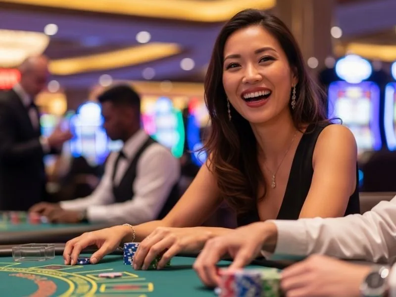 Woman happily laughing while playing blackjack at a casino table, enjoying her gaming experience at Midori Clark Hotel and Casino.