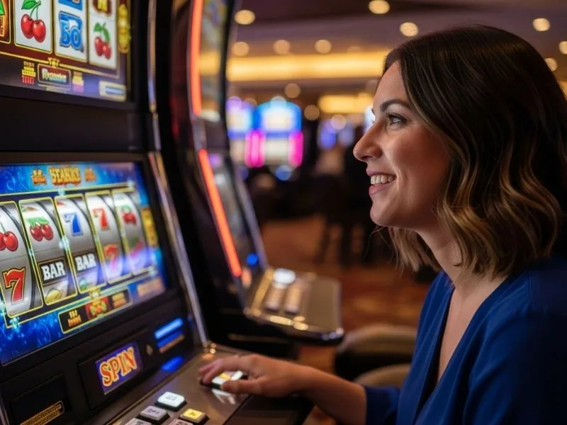 Filipina lady happily playing a slot machine inside a physical casino for Nice PH Casino theme
