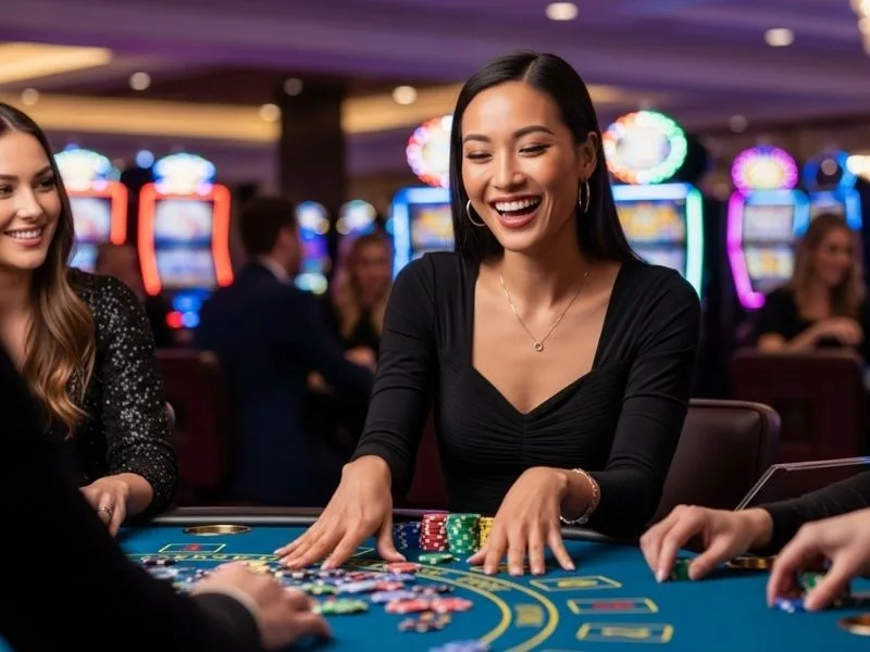 Smiling woman enjoying her casino wins at a physical casino, representing the fun and excitement associated with Nice PH Casino.