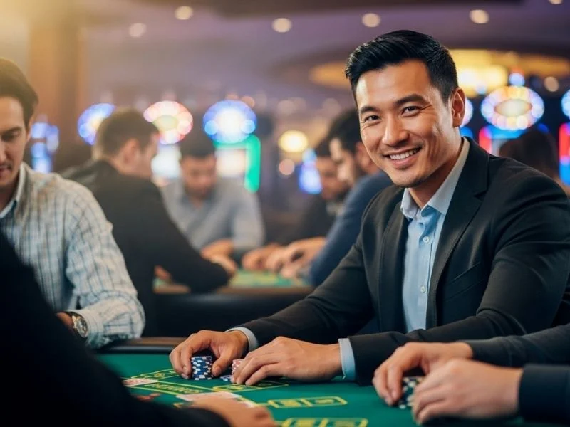 Man smiling brightly while playing baccarat at a Palms Casino Resort table