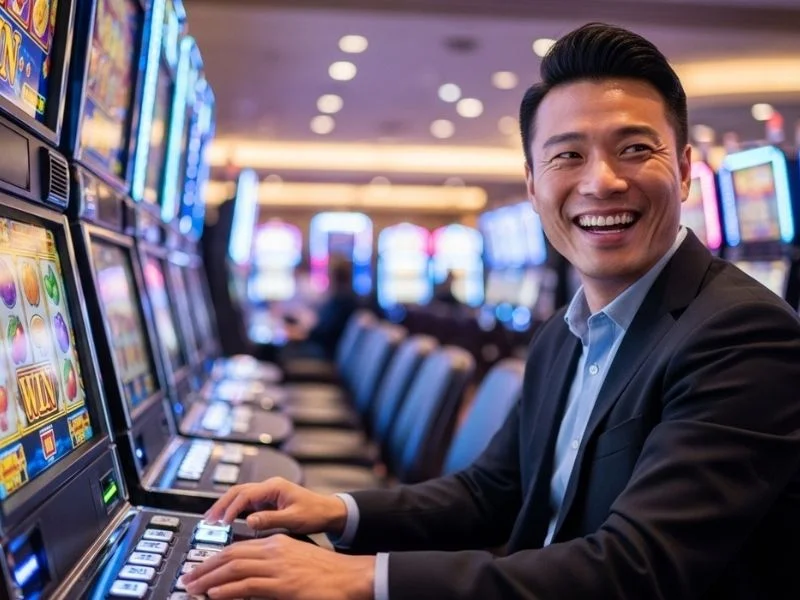 Man smiling while playing a slot machine at Palms Casino Resort