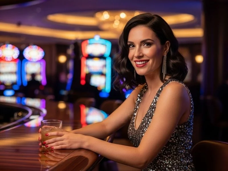 Woman smiling while sitting at the casino bar counter at Palms Casino Resort, enjoying her gaming experience.