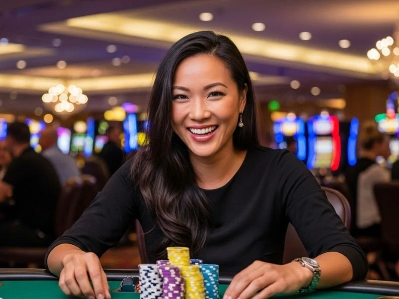 Woman smiling with casino chips in front of her at Palms Casino Resort