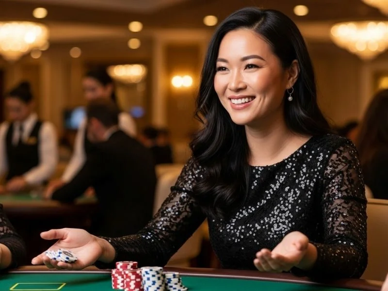 Woman happily enjoying a night at the casino with chips at PH9999 Casino