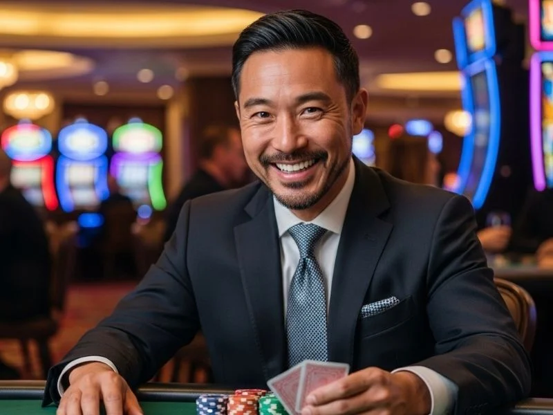 Man happily playing casino games and smiling at ph9999 casino