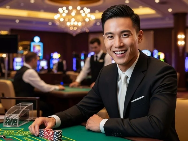 Man smiling while holding poker chips on a casino table at PH9999 Casino