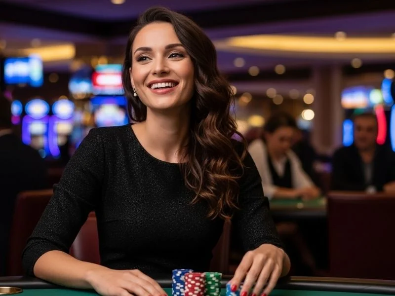 Woman happily smiling at a casino table with chips at PH9999 Casino