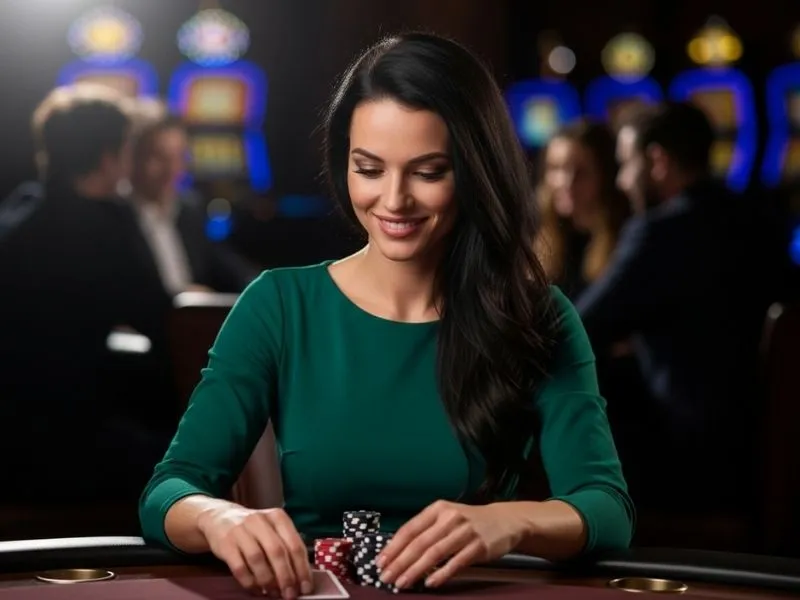 Smiling woman enjoying a poker game at Pharaohs Palace Casino Macau with joy and excitement.