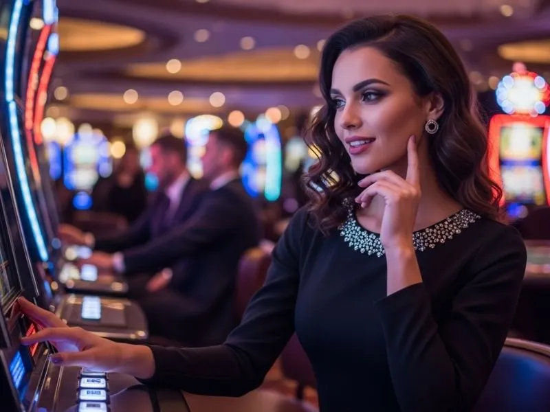 Woman happily playing slot machines at Pharaohs Palace Casino Macau, enjoying her time in a vibrant casino.