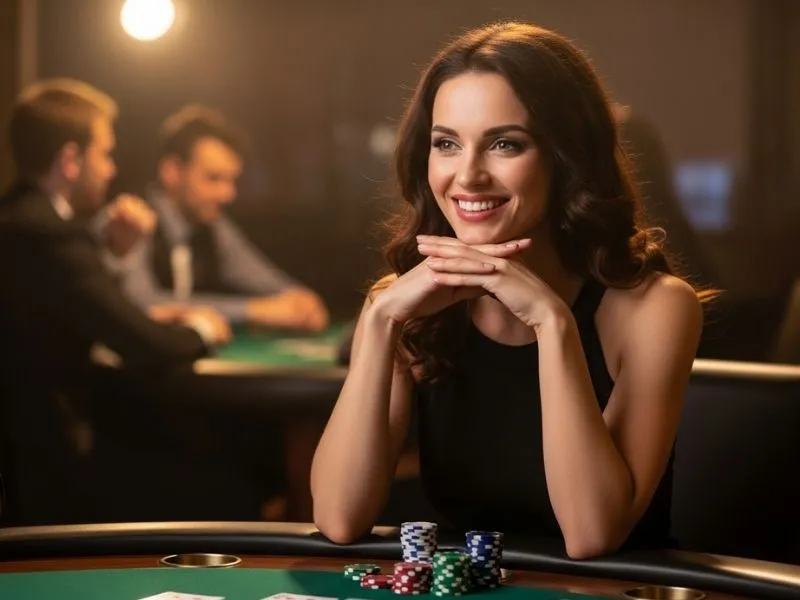 Woman smiling happily with casino chips at Pharaohs Palace Casino Macau