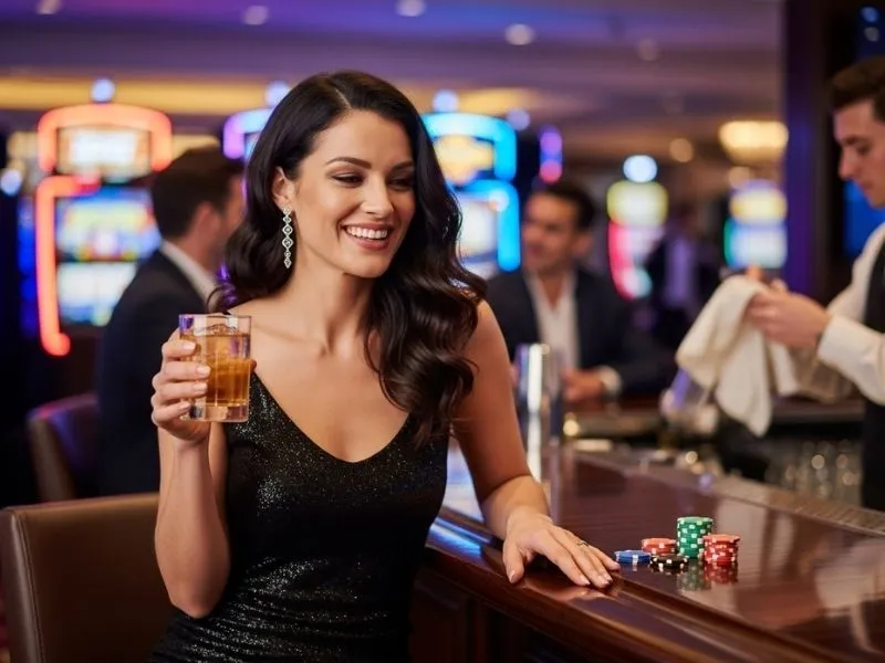 Woman smiling and holding casino chips at the bar counter inside Pharaohs Palace Casino Macau