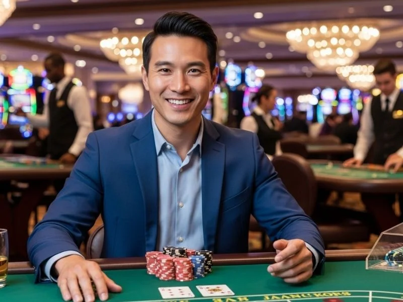 Man smiling happily while playing poker at PNXBET online casino