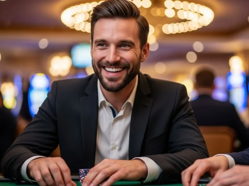 Man smiling with chips inside a luxury casino at PNXBET online casino