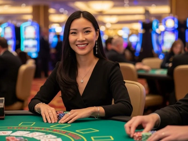 Woman smiling happily while playing baccarat at PNXBET online casino