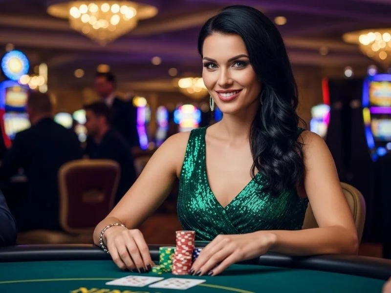 Woman smiling with casino chips and poker cards at PNXBET online casino