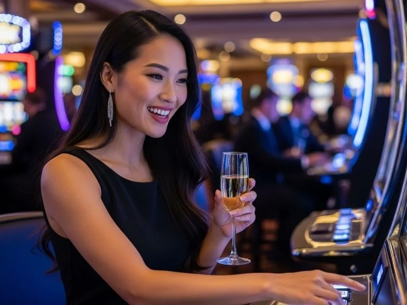 Happy woman playing slot machines in a physical casino, enjoying her winnings with a smile, inspired by pone club casino login.