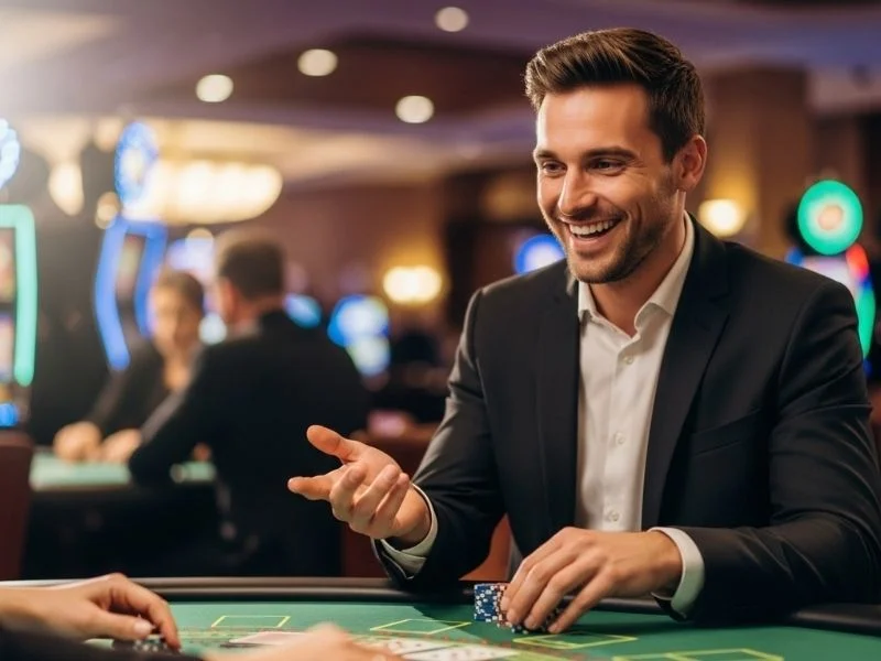 Man smiling happily while playing baccarat at a casino table, enjoying his game at Pone Club Casino Login.